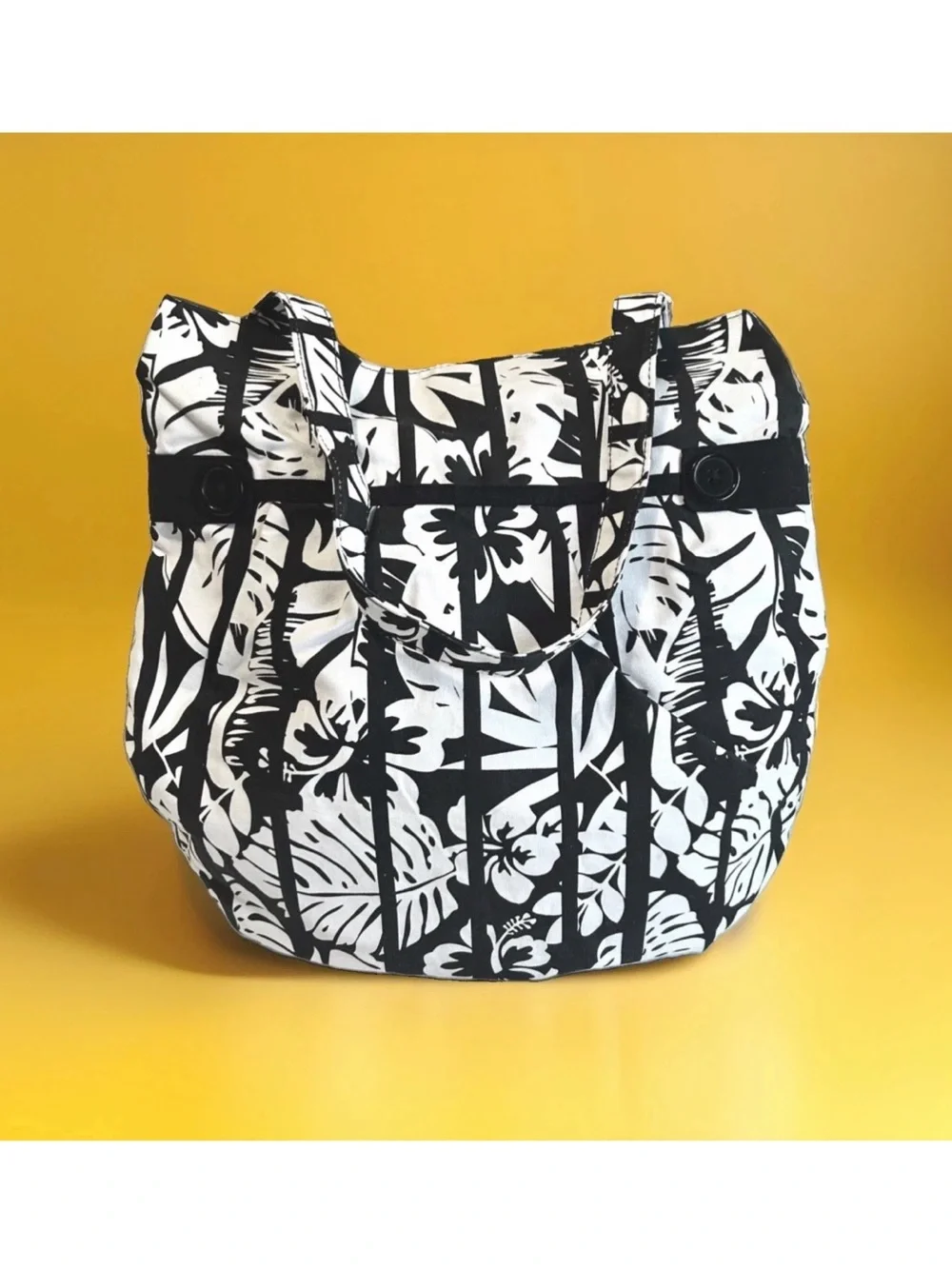 Woman Within Tropical Floral 100% Cotton Tote Black/White Button/Pleated Detail